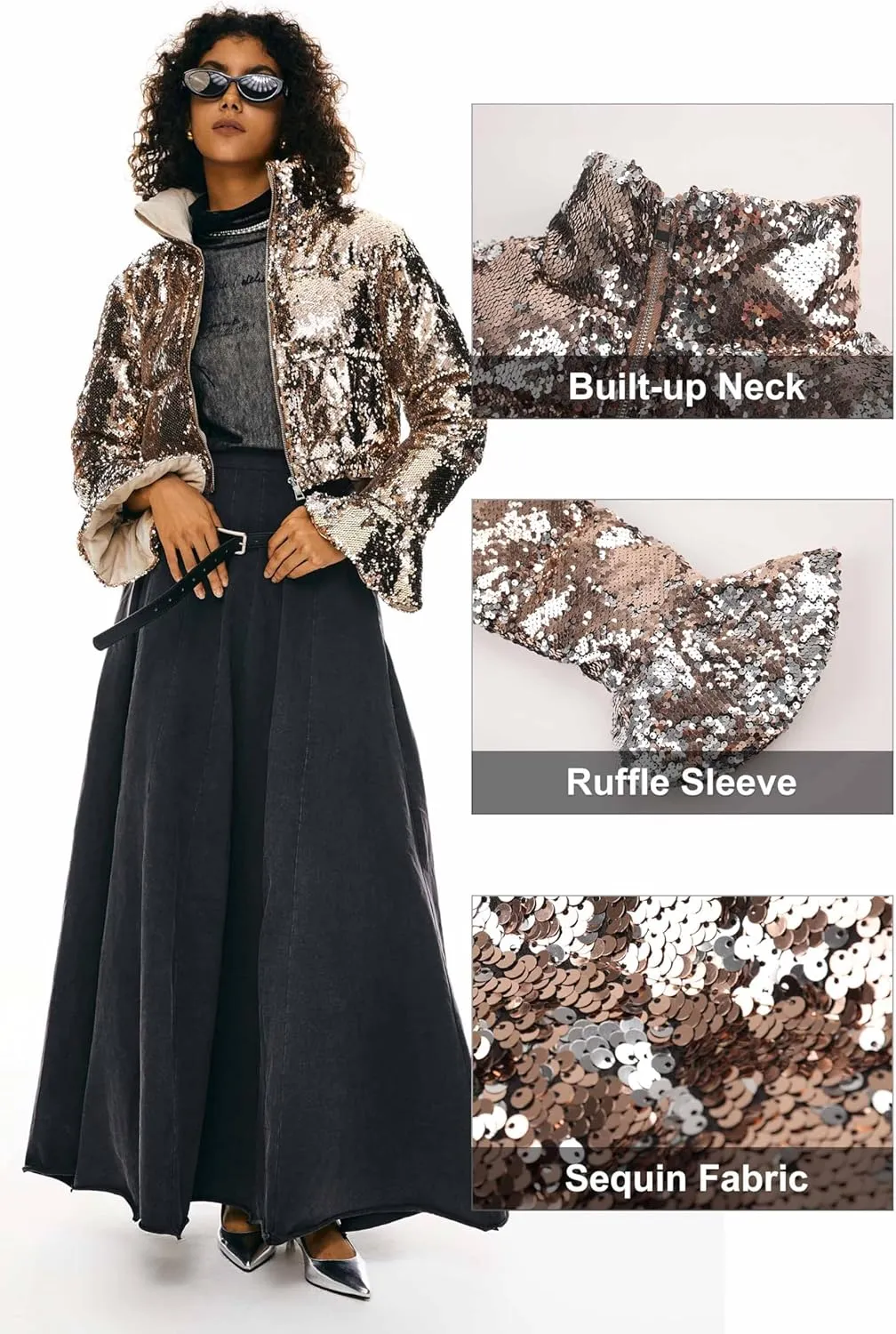 Orolay Women's Ultra Short Shiny Down Coat Sequin Petite Jacket with Stand Collar