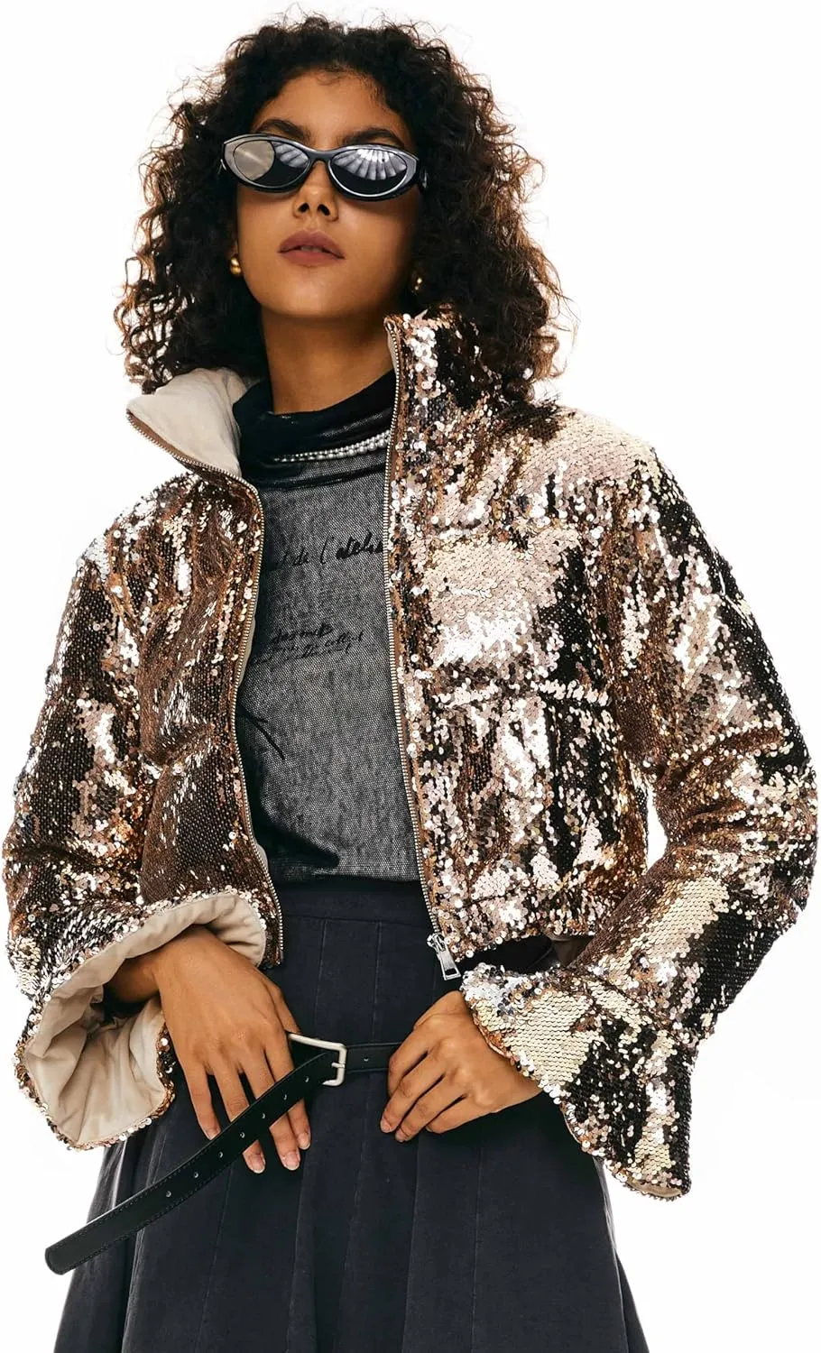 Orolay Women's Ultra Short Shiny Down Coat Sequin Petite Jacket with Stand Collar