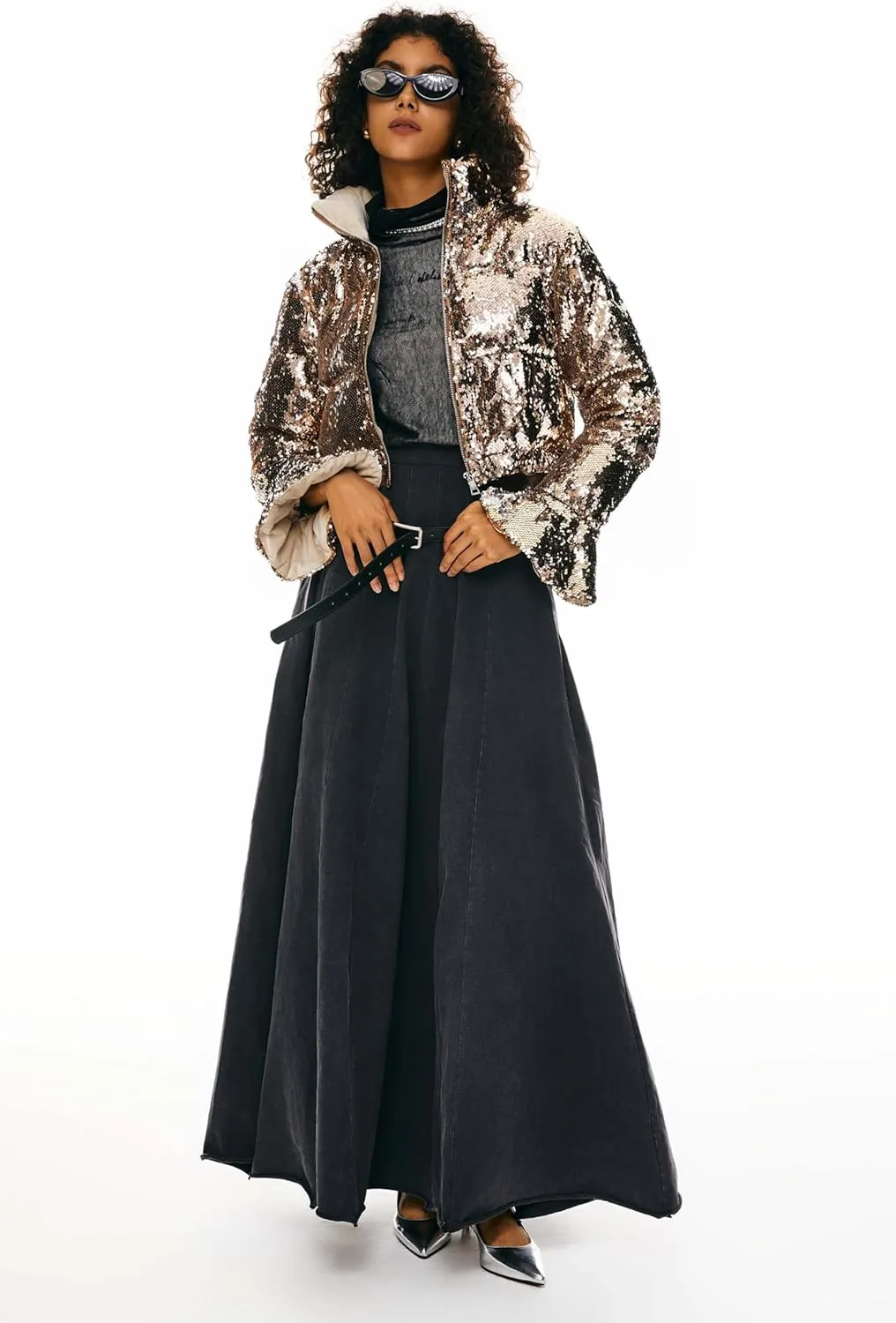 Orolay Women's Ultra Short Shiny Down Coat Sequin Petite Jacket with Stand Collar