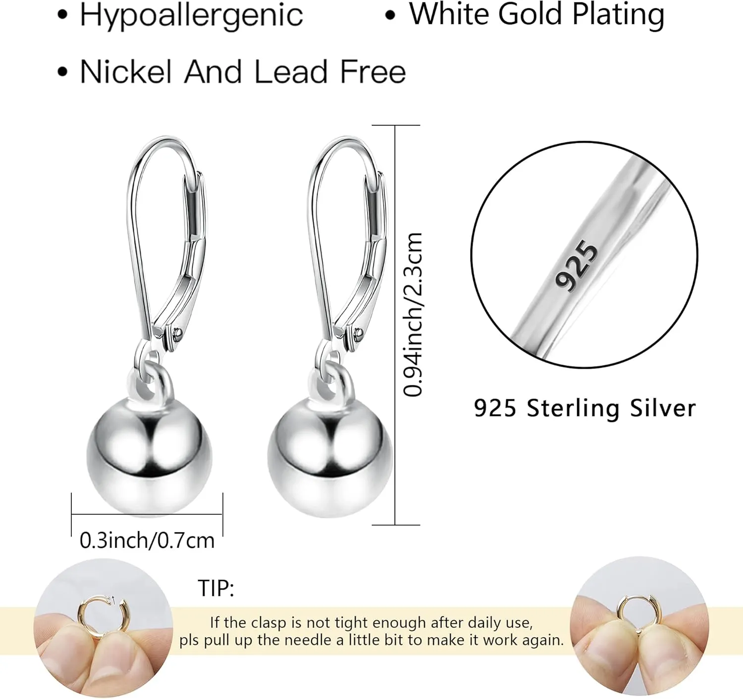 Sterling Silver Drop Ball Earrings for Women Girls Leverback Dangle Drop Earrings Fashion Hypoallergenic Jewelry