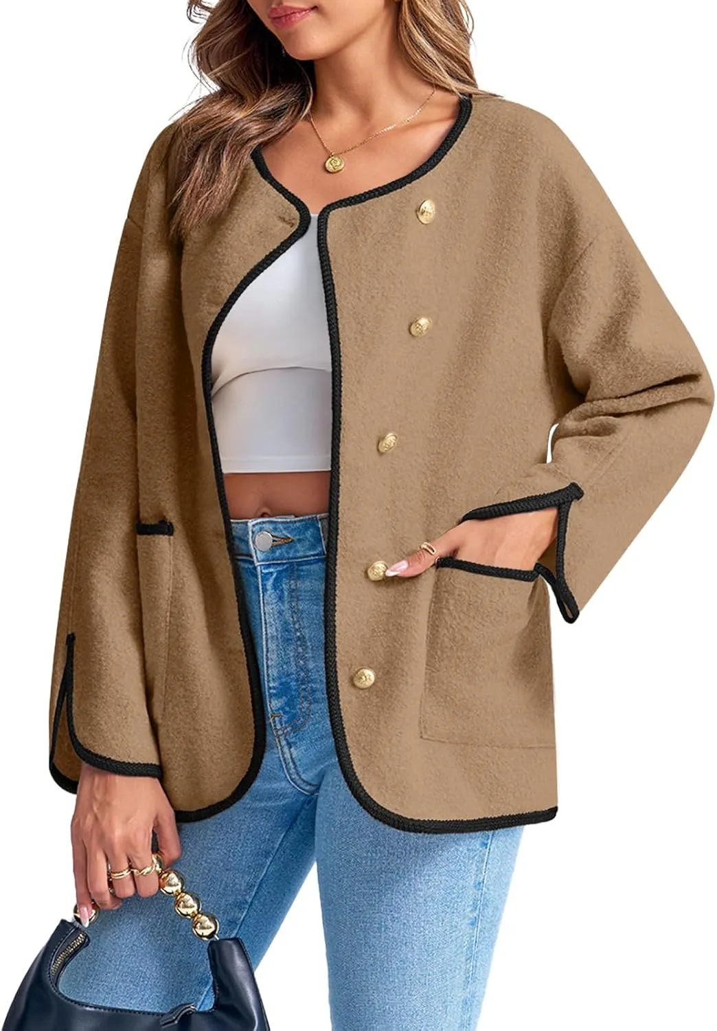 Tankaneo Womens Fuzzy Fleece Jackets Winter Button Down Faux Fur Coat Sherpa Outerwear with Pockets