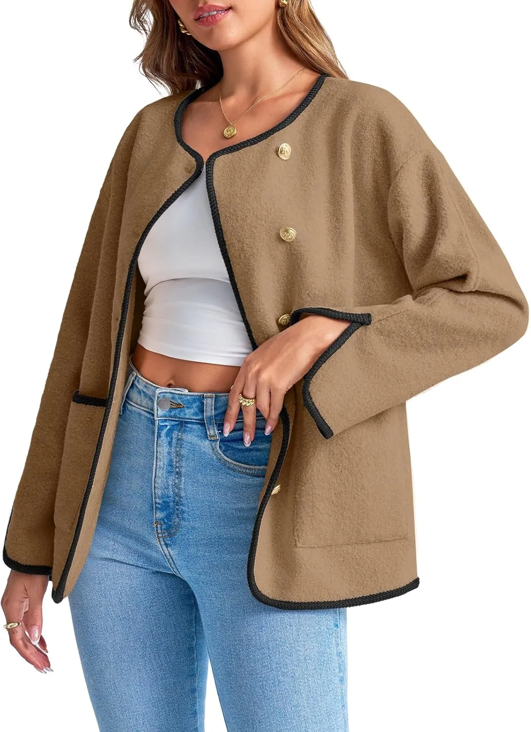 Tankaneo Womens Fuzzy Fleece Jackets Winter Button Down Faux Fur Coat Sherpa Outerwear with Pockets