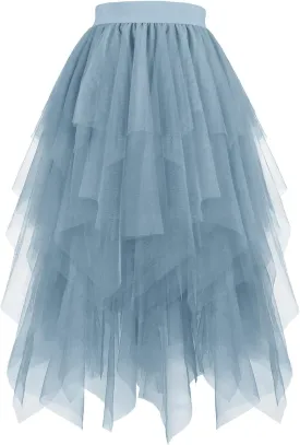 Tulle Skirts for Women Midi Long Fairy Skirt Tutu A-Line Mesh Layered High Elastic Waist Fluffy Irregular Hem Skirt