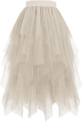 Tulle Skirts for Women Midi Long Fairy Skirt Tutu A-Line Mesh Layered High Elastic Waist Fluffy Irregular Hem Skirt
