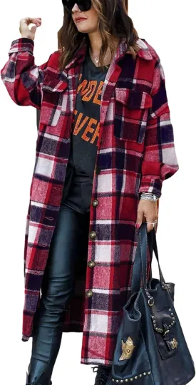 UANEO Plaid Coat Women Button Down Long Plaid Jacket Fall Flannel Trench Coat