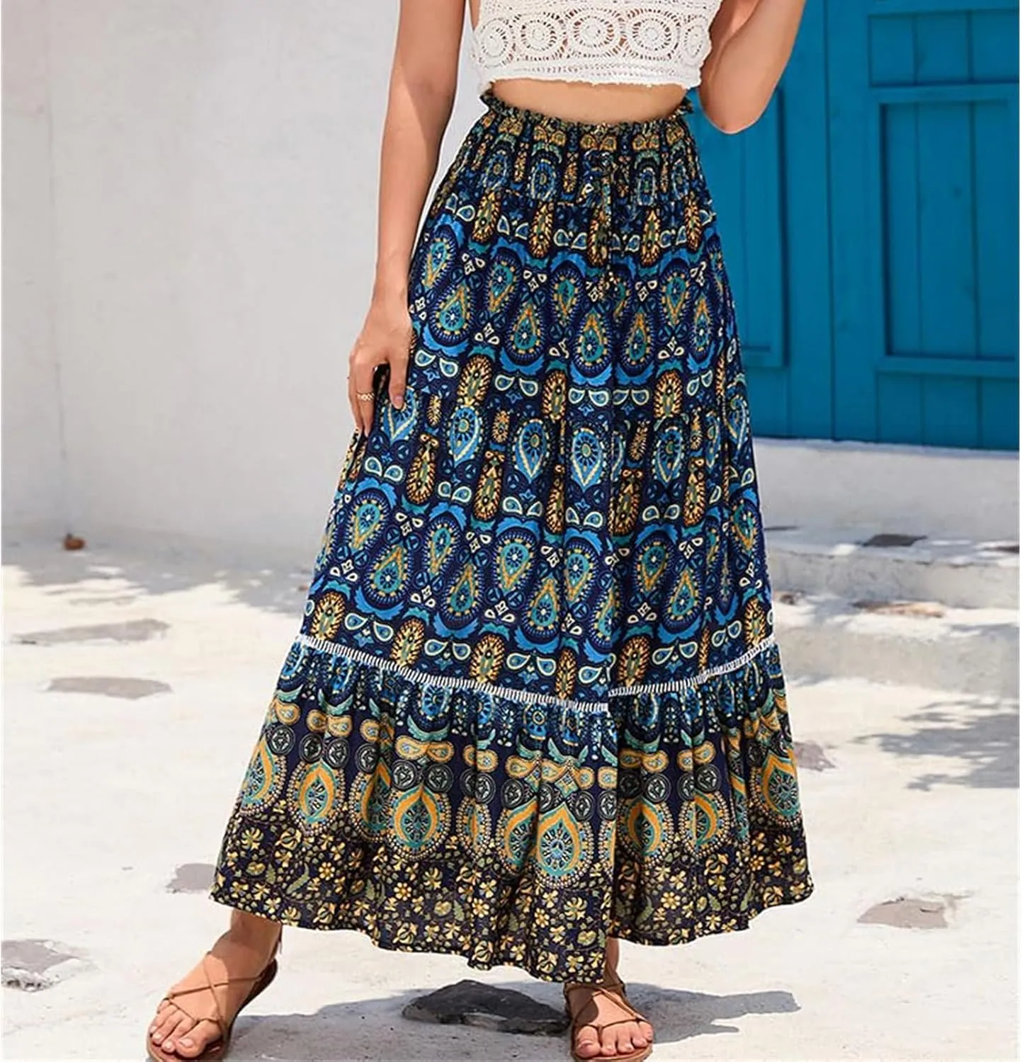 Women's A Line Skirts Summer Boho Floral Elastic High Waisted Maxi Skirt Flowy Tiered Ruffle Hem Beach Long Skirts