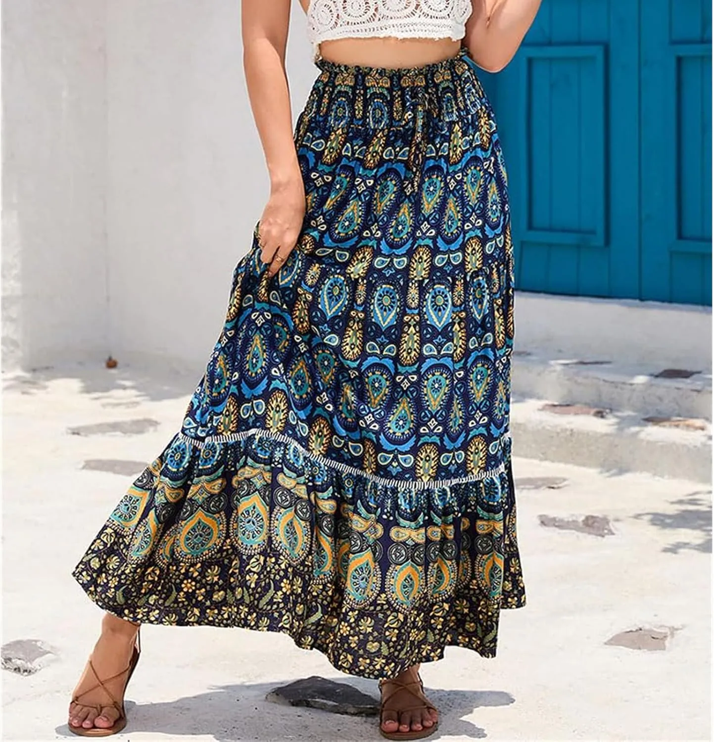 Women's A Line Skirts Summer Boho Floral Elastic High Waisted Maxi Skirt Flowy Tiered Ruffle Hem Beach Long Skirts