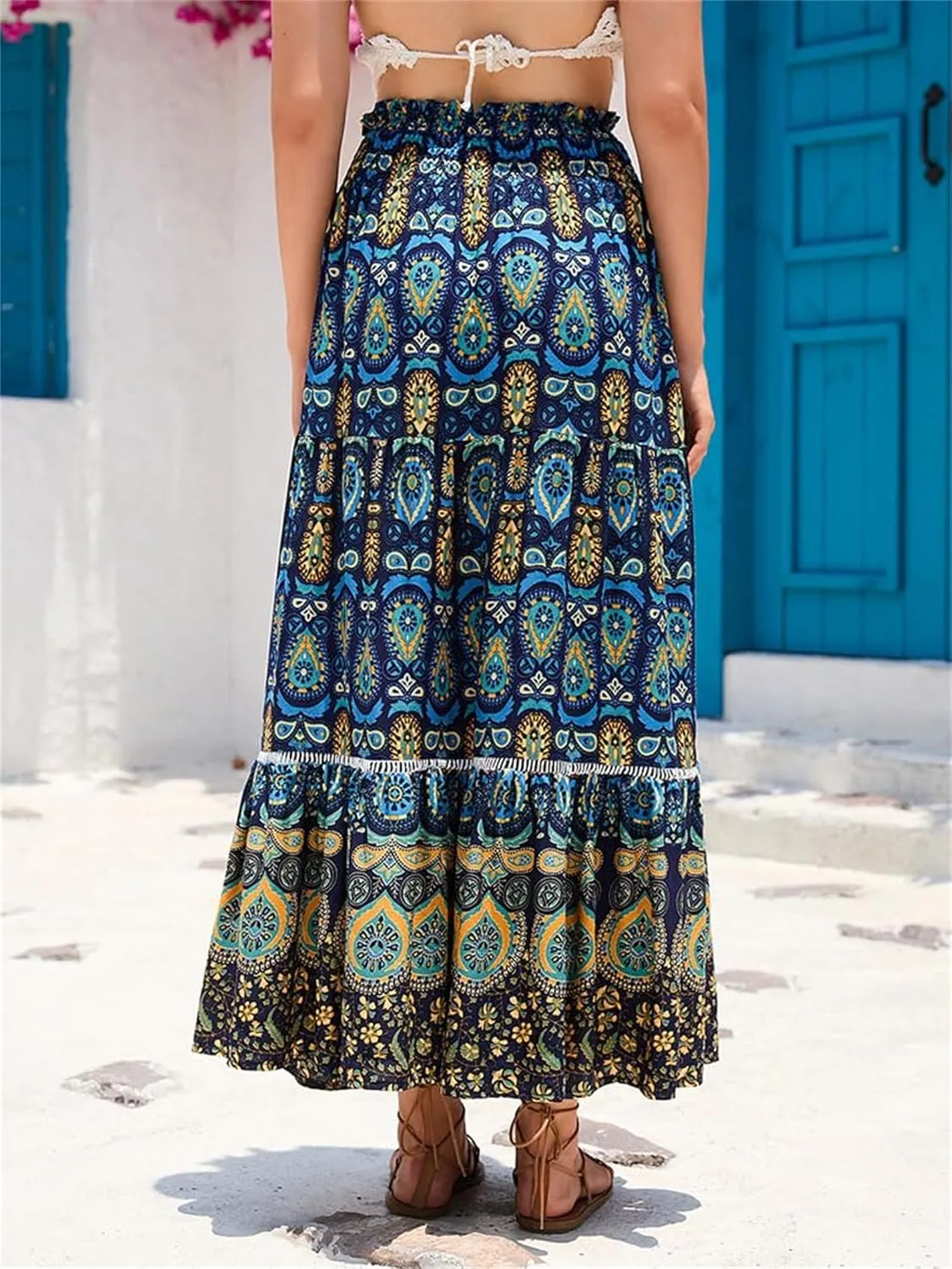 Women's A Line Skirts Summer Boho Floral Elastic High Waisted Maxi Skirt Flowy Tiered Ruffle Hem Beach Long Skirts