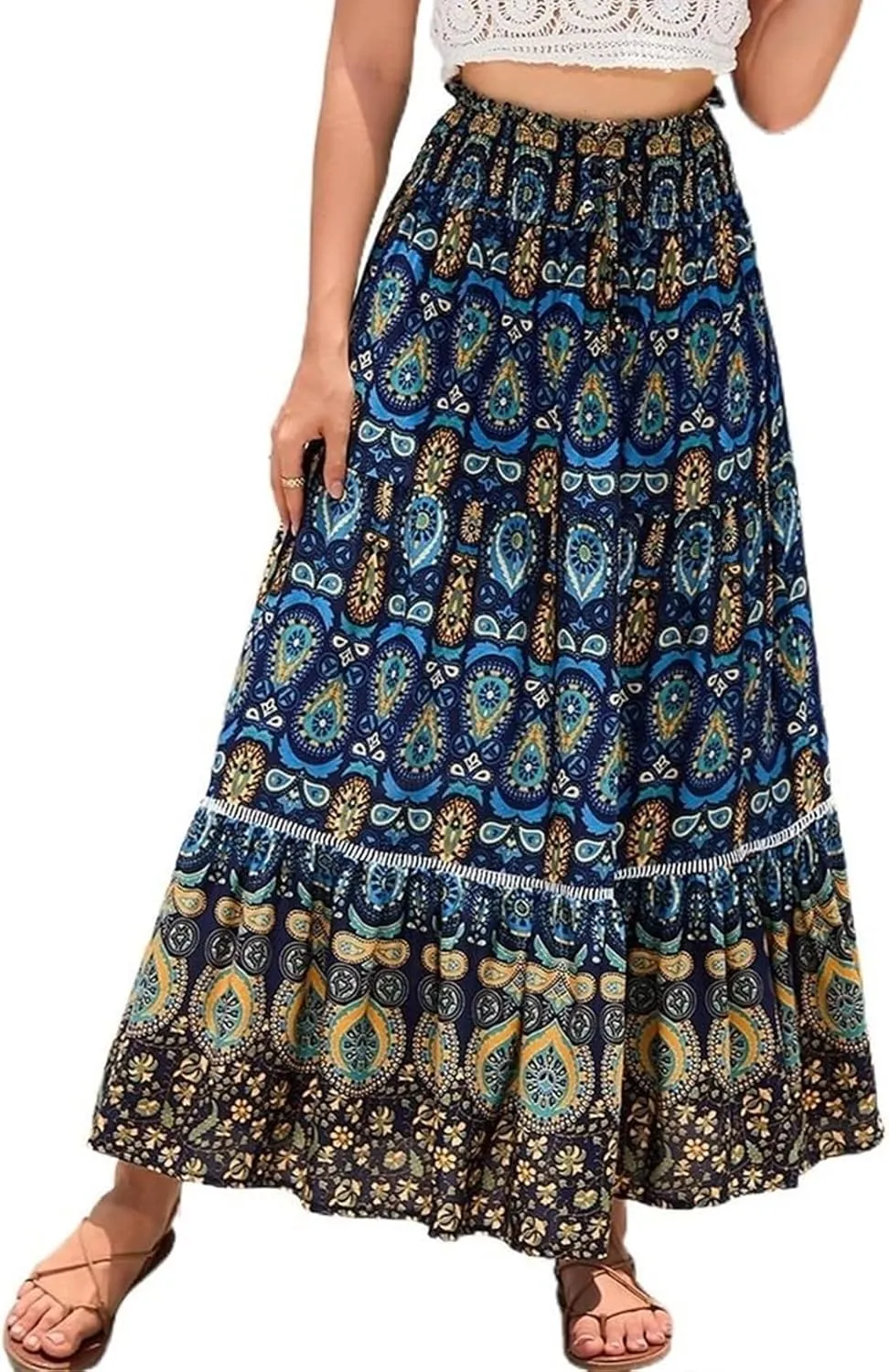 Women's A Line Skirts Summer Boho Floral Elastic High Waisted Maxi Skirt Flowy Tiered Ruffle Hem Beach Long Skirts