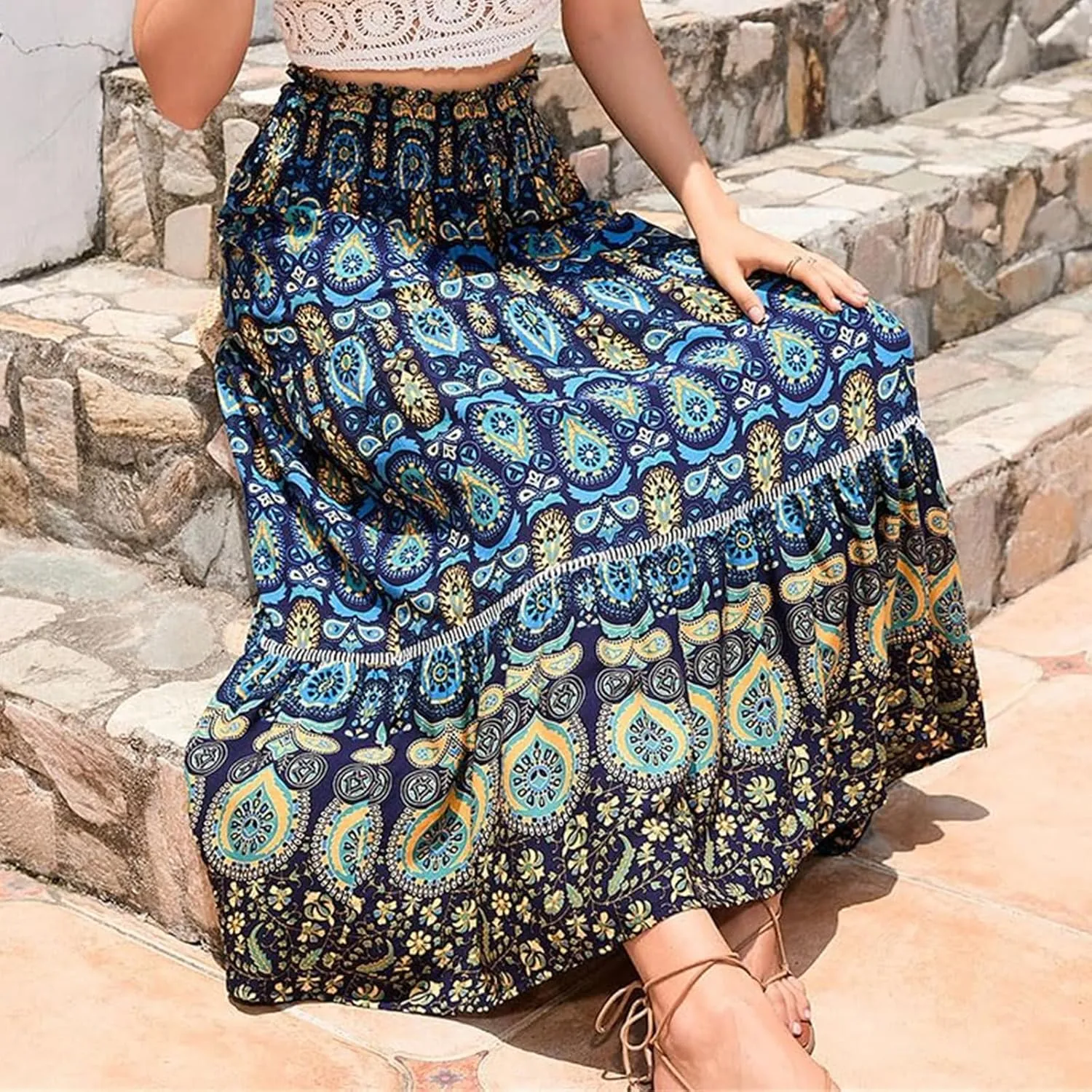Women's A Line Skirts Summer Boho Floral Elastic High Waisted Maxi Skirt Flowy Tiered Ruffle Hem Beach Long Skirts