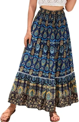 Women's A Line Skirts Summer Boho Floral Elastic High Waisted Maxi Skirt Flowy Tiered Ruffle Hem Beach Long Skirts