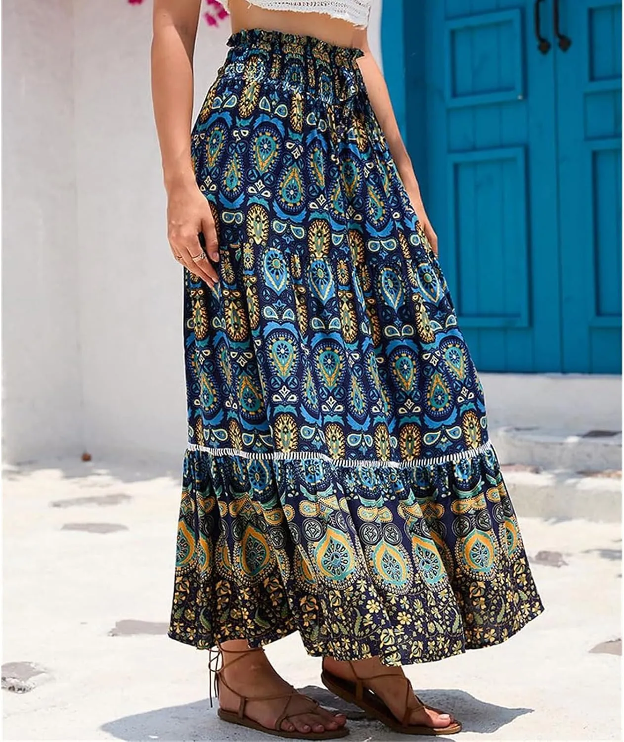 Women's A Line Skirts Summer Boho Floral Elastic High Waisted Maxi Skirt Flowy Tiered Ruffle Hem Beach Long Skirts