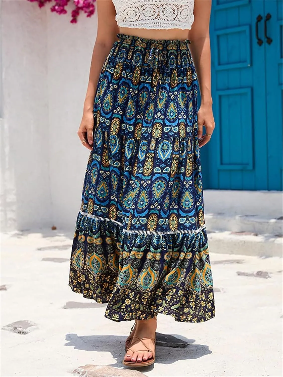 Women's A Line Skirts Summer Boho Floral Elastic High Waisted Maxi Skirt Flowy Tiered Ruffle Hem Beach Long Skirts