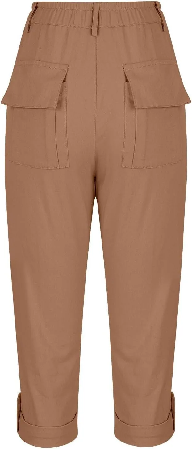 Womens Capris with Pockets Stretch Lightweight Casual Cargo Pants Rolled Hem Summer Cropped Trousers Outdoor Clothes