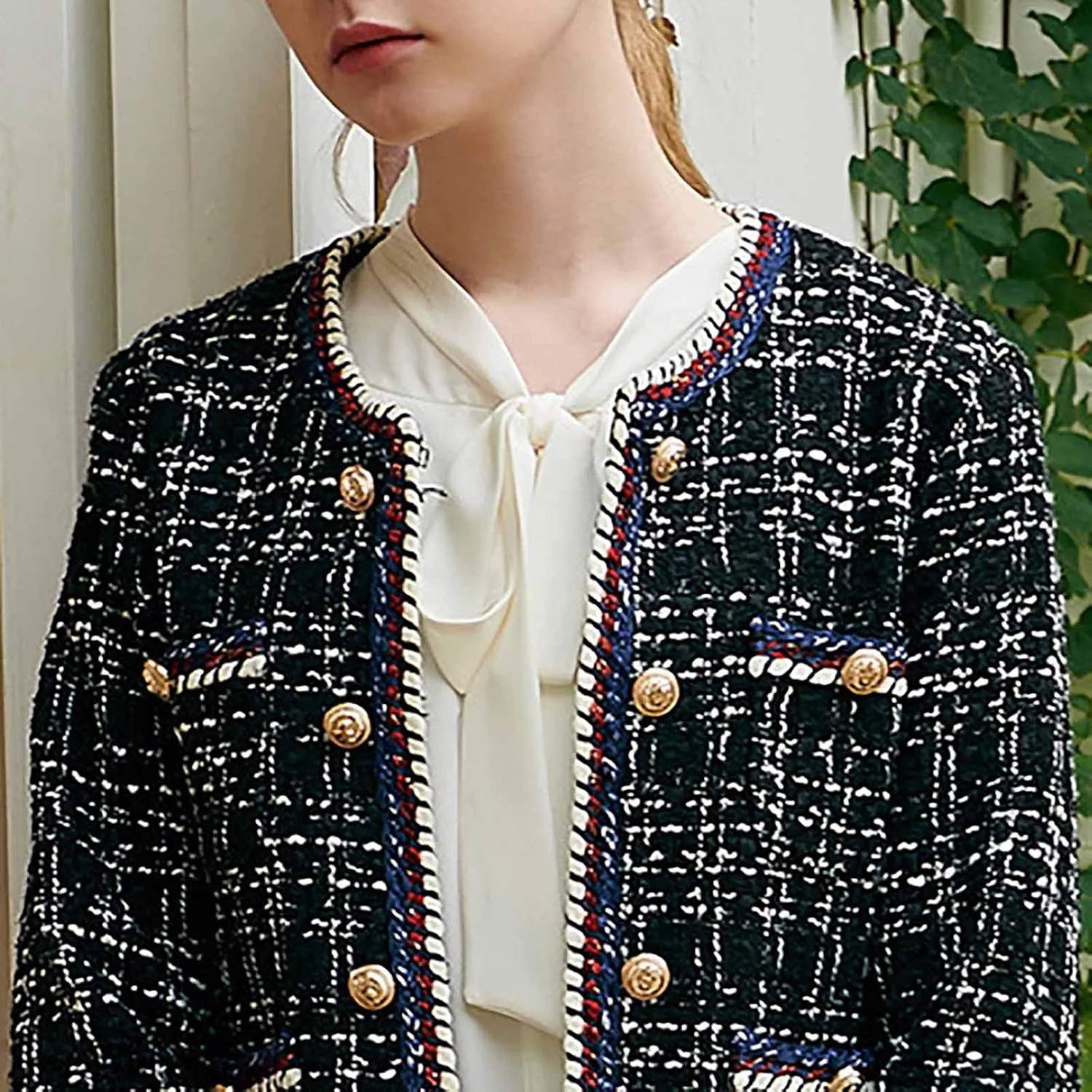 Women's Elegant Slim Fit Double Breasted Jacket Tweed Inlaid Plaid Check Long Sleeved Coat Blazer Vintage Outwear