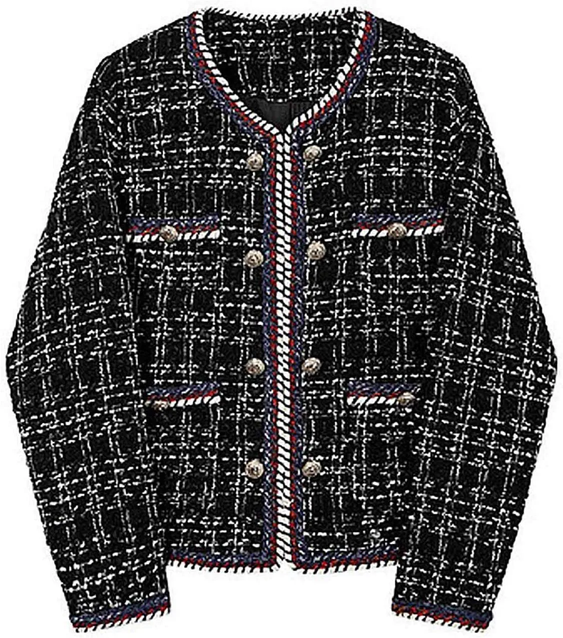 Women's Elegant Slim Fit Double Breasted Jacket Tweed Inlaid Plaid Check Long Sleeved Coat Blazer Vintage Outwear