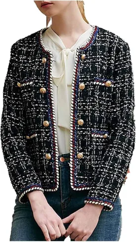 Women's Elegant Slim Fit Double Breasted Jacket Tweed Inlaid Plaid Check Long Sleeved Coat Blazer Vintage Outwear