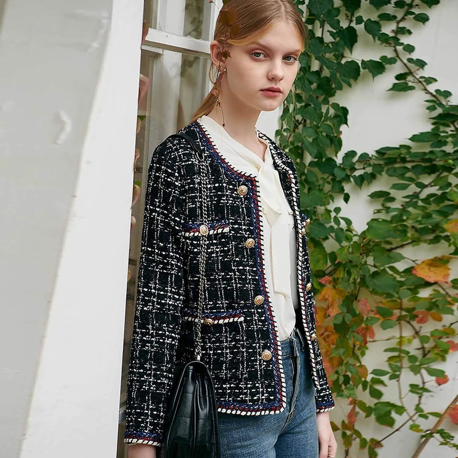 Women's Elegant Slim Fit Double Breasted Jacket Tweed Inlaid Plaid Check Long Sleeved Coat Blazer Vintage Outwear