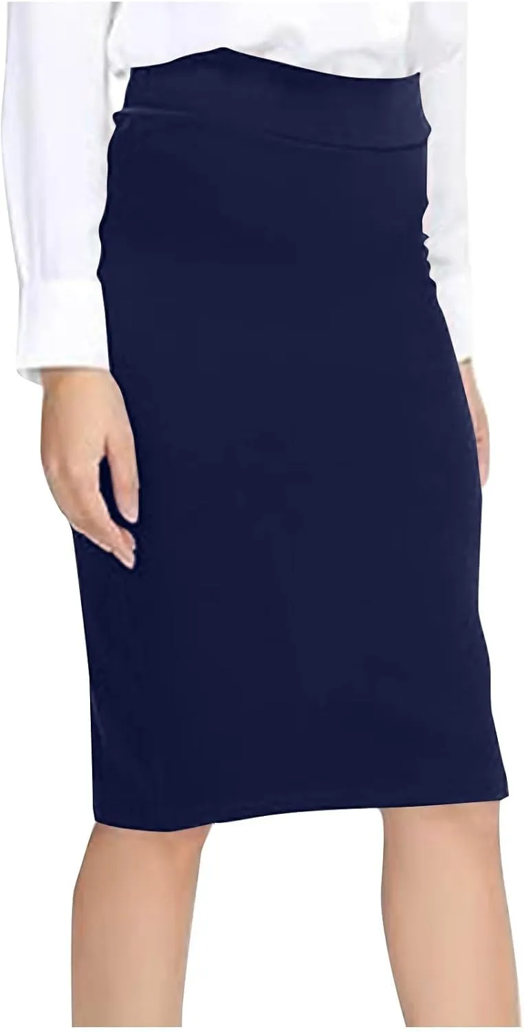 Women's High Waist Tummy Control Pencil Skirts Stretchy Bodycon Tight Short Midi Skirt Below Knee with Back Slit