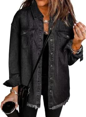 Women's Oversized Denim Jacket Lightweight Button Down Long Jean Jacket Casual Boyfriend Distresse Jacket Coats