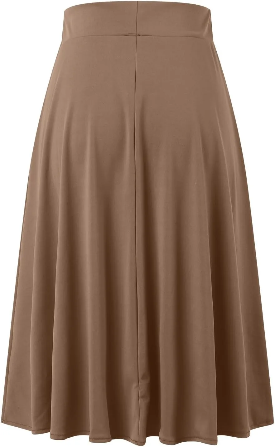 Womens Satin A-Line Skirt Bright Face High Waist Solid Color Side Split Skirt with Zipper Knee Length Office