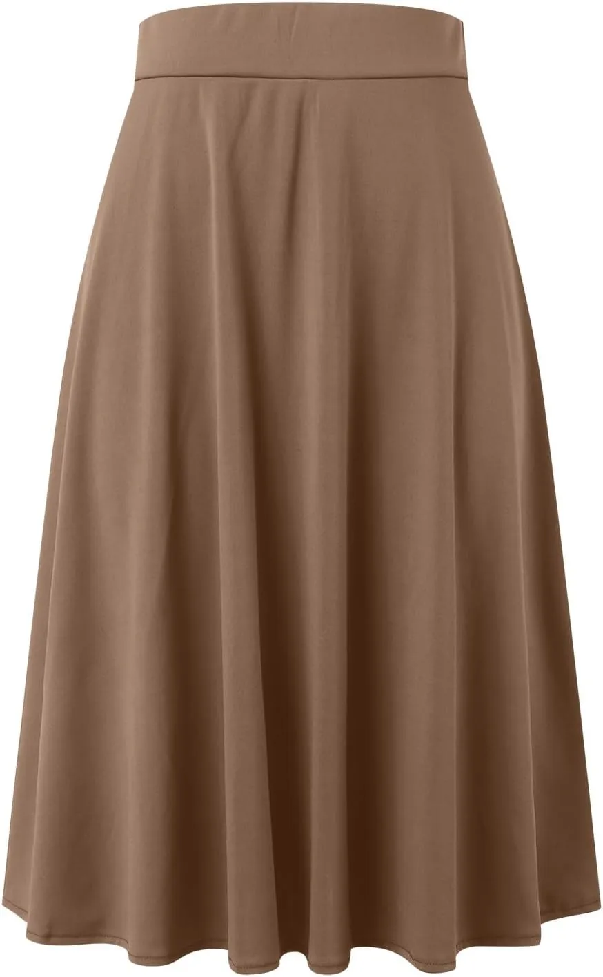 Womens Satin A-Line Skirt Bright Face High Waist Solid Color Side Split Skirt with Zipper Knee Length Office