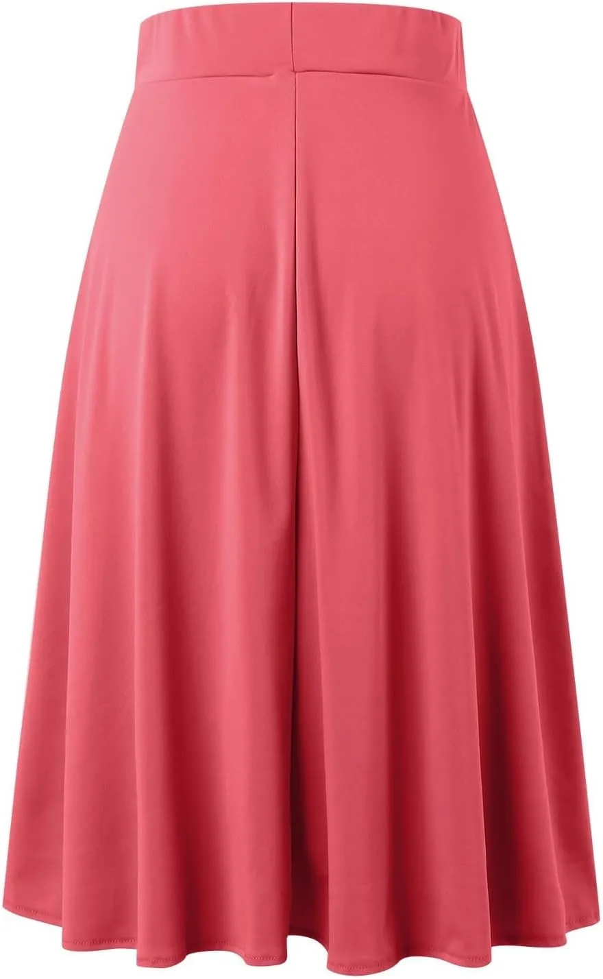 Womens Satin A-Line Skirt Bright Face High Waist Solid Color Side Split Skirt with Zipper Knee Length Office