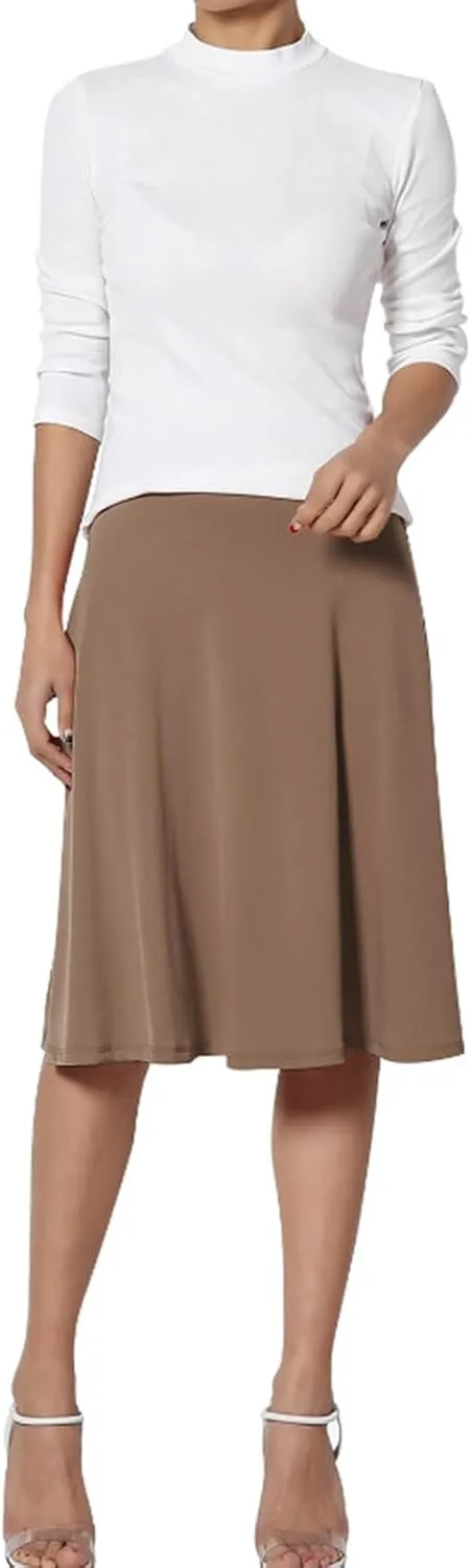 Womens Satin A-Line Skirt Bright Face High Waist Solid Color Side Split Skirt with Zipper Knee Length Office