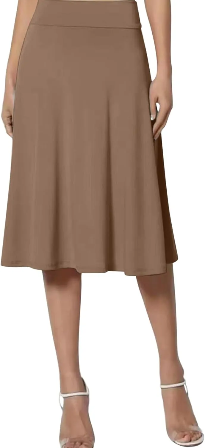 Womens Satin A-Line Skirt Bright Face High Waist Solid Color Side Split Skirt with Zipper Knee Length Office