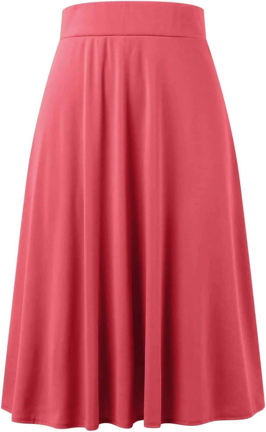 Womens Satin A-Line Skirt Bright Face High Waist Solid Color Side Split Skirt with Zipper Knee Length Office