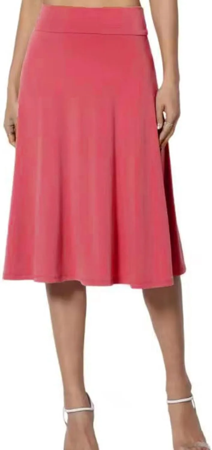 Womens Satin A-Line Skirt Bright Face High Waist Solid Color Side Split Skirt with Zipper Knee Length Office