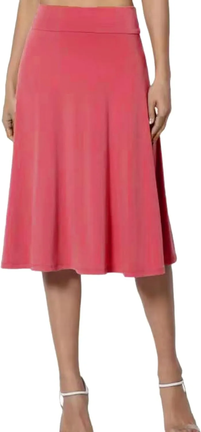 Womens Satin A-Line Skirt Bright Face High Waist Solid Color Side Split Skirt with Zipper Knee Length Office