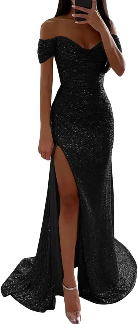 Women's Sequin Prom Dresses with Slit Mermaid Long Ball Gown Ruched Sparkly Formal Evening Gown