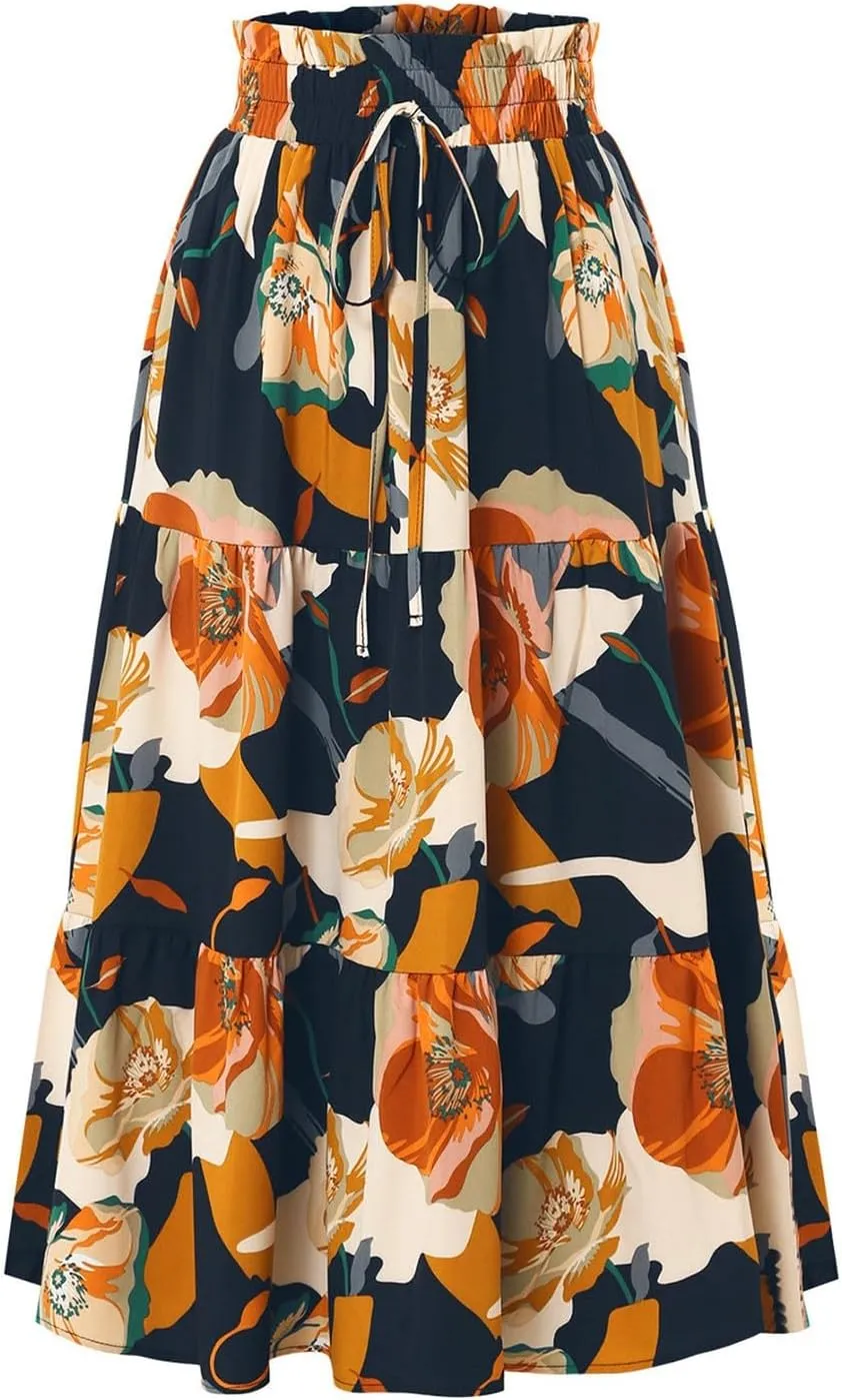 Womens Summer Casual A-Line Long Skirt Tiered High Waist Beach Outfits Elastic Waist Bohemian Print Maxi Skirt