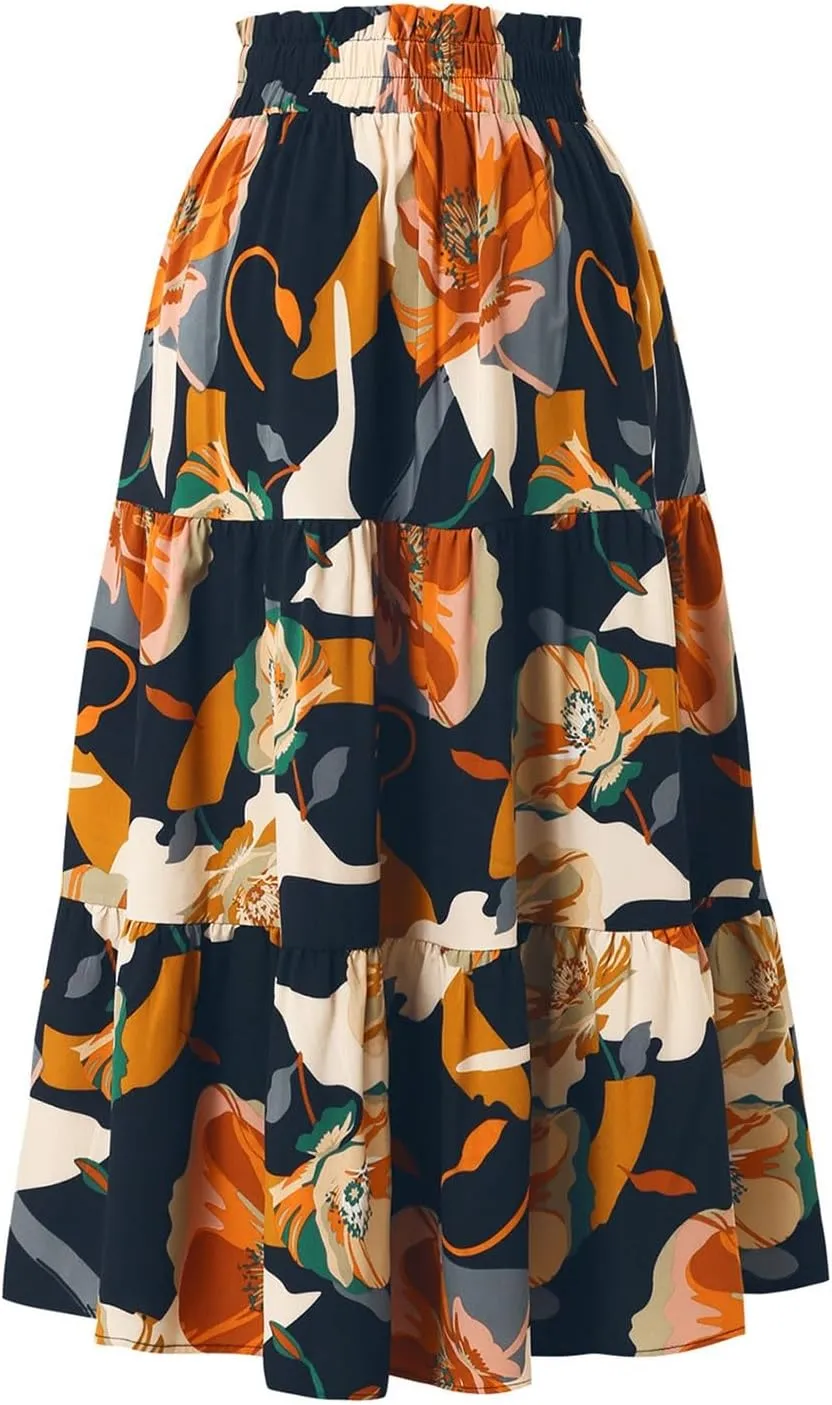 Womens Summer Casual A-Line Long Skirt Tiered High Waist Beach Outfits Elastic Waist Bohemian Print Maxi Skirt