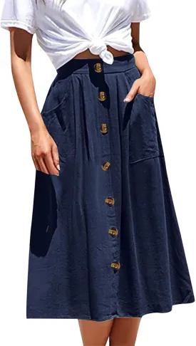 Womens Summer Skirts Casual Front Button Pleated A-Line Denim Pencil Skirts High Waisted Midi Skirt with Pockets