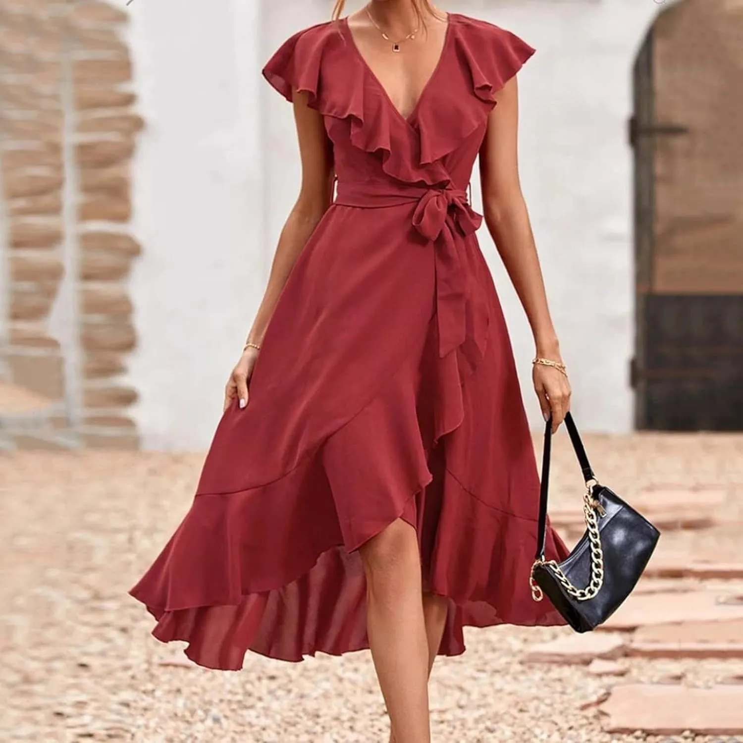 Women's Summer Wrapped Long Skirt Casual Subdeep V Neck Short Sleeve Frilly Split Beach Long Dress Womens Dresses