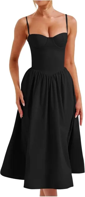 Women's Vintage Corset Dress Spaghetti Strap A-Line Midi Dress Solid Color Elegant Cocktail Party Evening Dresses
