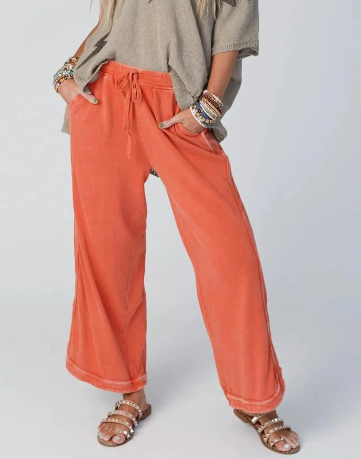 Womens Wide Leg Pants Casual High Waisted Palazzo Pants Lightweight Summer Flowy Beach Pants with Pockets