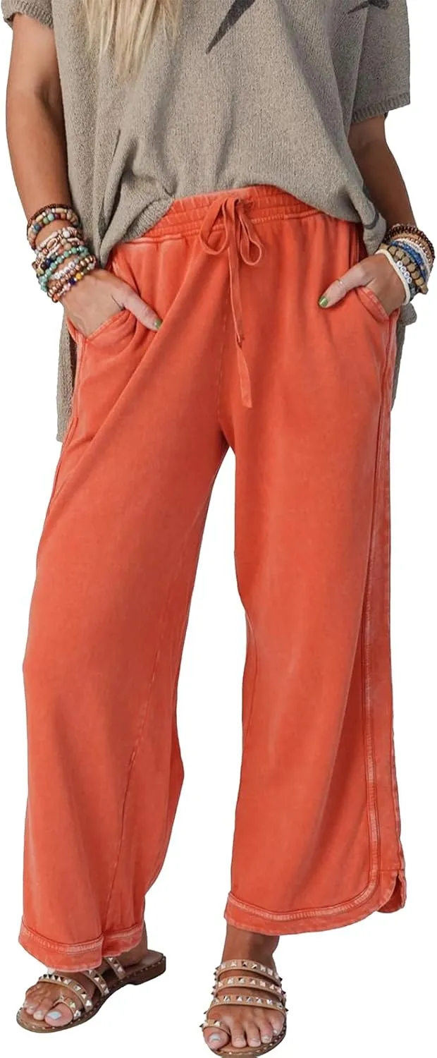 Womens Wide Leg Pants Casual High Waisted Palazzo Pants Lightweight Summer Flowy Beach Pants with Pockets