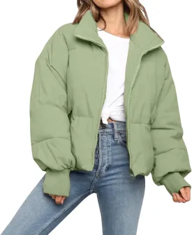 Womens Winter Cropped Puffer Jacket Coat Casual Quilted Baggy Long Sleeve Zip Down Jackets Outerwear