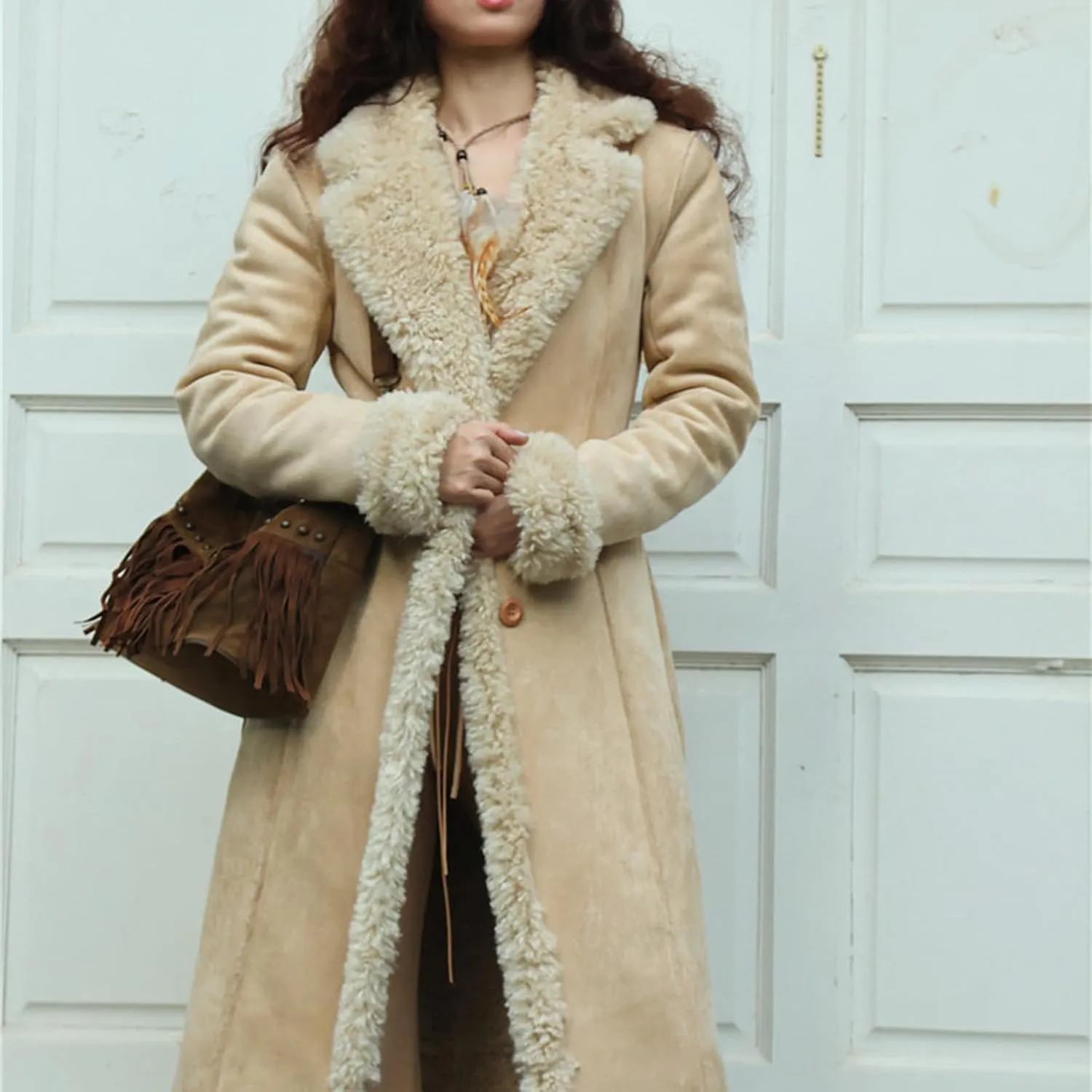 Women's Winter Long Jacket Open Front Coat Cardigan Vintage Western Coats Faux Fur Trim Parka Outerwear with Pockets