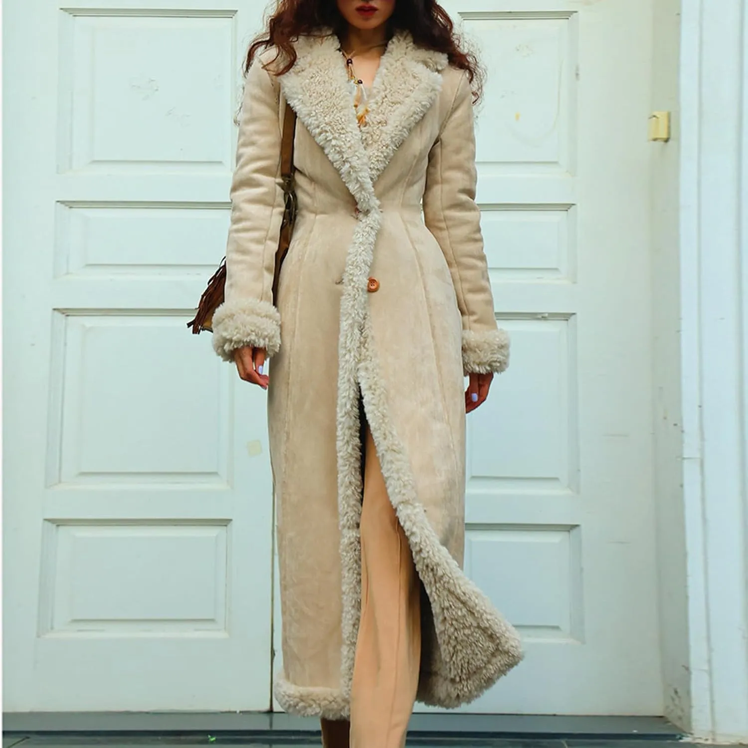 Women's Winter Long Jacket Open Front Coat Cardigan Vintage Western Coats Faux Fur Trim Parka Outerwear with Pockets