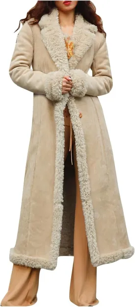 Women's Winter Long Jacket Open Front Coat Cardigan Vintage Western Coats Faux Fur Trim Parka Outerwear with Pockets