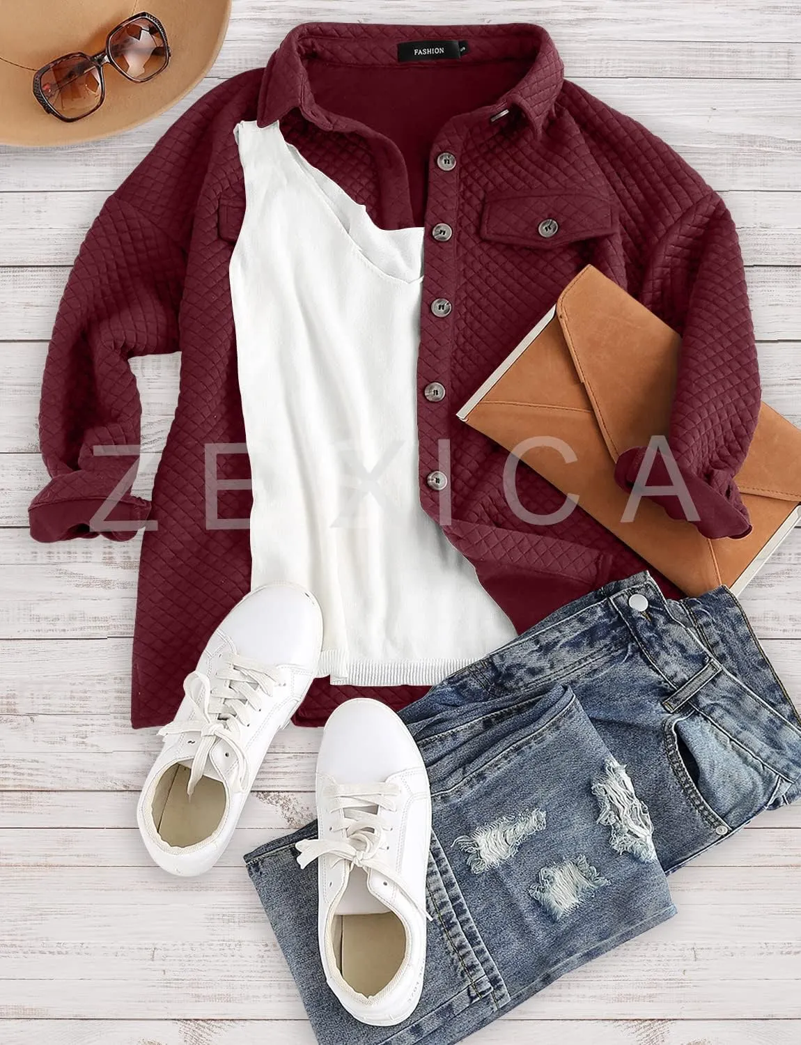 ZESICA Women's Casual Long Sleeve Button Down Loose Lightweight Shacket Shirt Jacket Coat Outerwear with Pockets